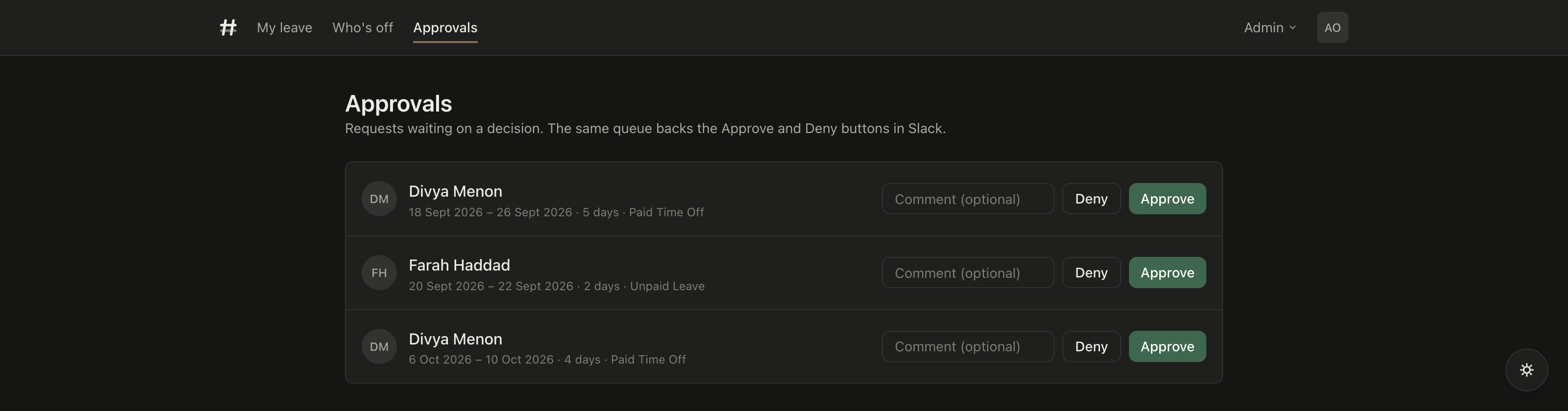 The approvals queue listing pending requests with dates, day counts and leave type, each with Approve and Deny buttons