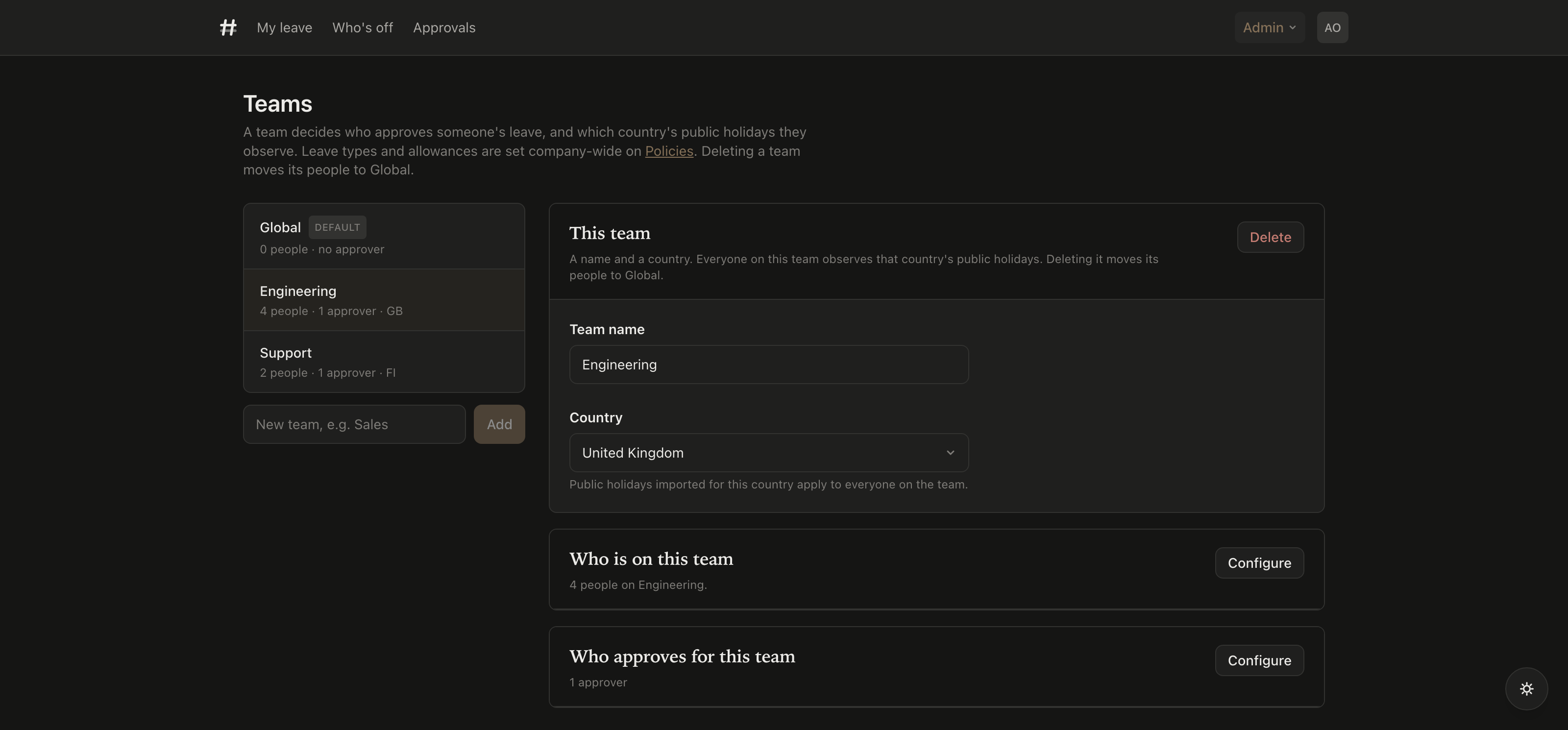 The Teams page with a list of teams on the left and, for the selected team, its name, country, members and approvers